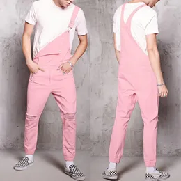 Män jeans män rompers mens jumpsuit 2023 mode bomull casual manlig denim rippade byxor rosa overaller conunto masculino storlek