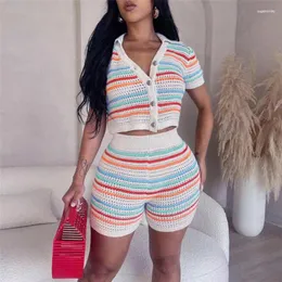 Women's Tracksuits Women's Horizontal Stripe Knitted Two Pieces Shorts Set Women Casual Turndown Collar Botton T-shirt High Waist Short