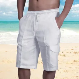 Herren-Shorts, Sommer, dünn, einfarbig, Baumwolle, Leinen, Strandhose, lässig, mit elastischem Bund, gerade, abgeschnittene Taschen, Taschenarbeit