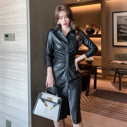 Basic Casual Women Dresses Spring Women Midi Dress Fashion Temperament Black Pu Leather Single Breasted Long Sleeve Pleated Slim Wrap Hip Robe Ropa Mujer 2024