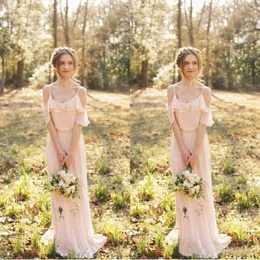 2023 Spaghetti Strap Sexy Blush Pink Chiffon Bridesmaid Dresses Long Bohemian Ruffles Beach Wedding Maid of Honor Maxi Gowns Custom Made