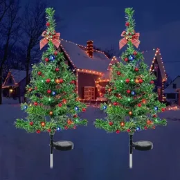 2 peças de luzes solares para árvore de Natal, decoração luminosa de luzes de árvore de Natal de quatro cores LED, luzes de jardim de pátio de Natal, luzes de gramado montadas no chão à prova d'água