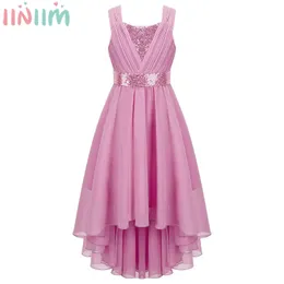 الفتاة ، فتيات الأطفال الفتيات الأنيقة شيفون الحزب فستان لامعة الترتر بلا أكمام Hi-Lo Hem Maxi Ball Ball Dress Bridge Dression 231021