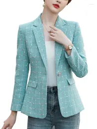 Women's Suits Blue White Plaid Women Casual Blazer And Jacket Ladies Female Long Sleeve Single Button Slim Coat Large Size