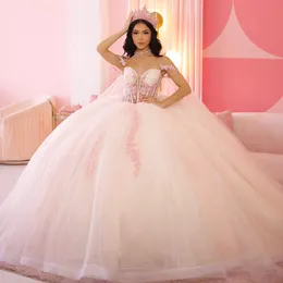 Pink Quinceanera Dresses Ball Gown For Sweet Girls Applique Lace With Cape Vestidos De XV 15 Anos Beads Birthday Prom Dress