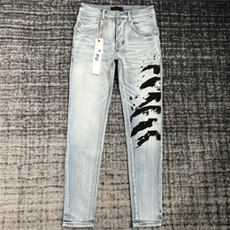Designer byxor stapla jeans denim tårar lila jeans jeans smala blyertsbyxor rakt regelbundet tvättade gamla jeans långa jeans modehål för män unisex mager jeans 36 38