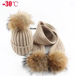 Berets 5-10 Age Winter Hat For Children 2 Pieces Set Kids Thick Knitted Scarf 15cm Real Fur Pompom Beanie Cap