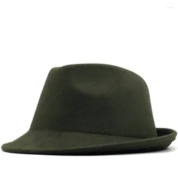 Berets Simple Green Wool Felt Hat Cowboy Jazz Cap Trend Trilby Fedoras Panama Chapeau Band for Men Women 56-58cm