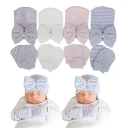 Hair Accessories 3pcs/Lot Born Baby Hat And Mitten Set Knit Cap With Big Bow Soft Cute Knot Nursery Beanie