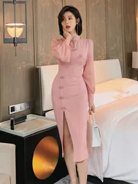 Basic Casual Women Dresses Spring Elegant Improved Qipao Sweet Dress Women Pink Disc Buckle Hollow Long Sleeve Slit Slim Robe Party Banquet Vestidos 2024