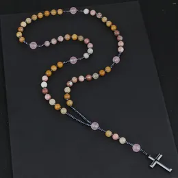 Collane con ciondolo 8 mm Quarzo rosa Mala Labradorite Pietra di cotone giallo naturale Cristo Rosario Ematite Croce Coroncina Gioielli