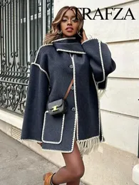 Kvinnors ull blandar trafza Autumn Fashion Woman Black Crochet Scarf Coat O Neck Lång ärmknapp Rak Casual Vintage Kvinnliga mysiga rockar 231021