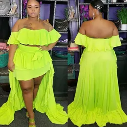 İş Elbiseleri Bkld Eşleştirme Setleri Kadınlar İçin Yaz Seksi Çırpma Omuz Kapalı Omuz Üstleri ve Maxi Uzun Etek Moda Neon Yeşil İki Parça
