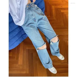 Jeans Femme Femme Vintage Bleu Pantalon de mode usé Streetwear taille haute jambe large été Y2K Baggy Casual Denim droit