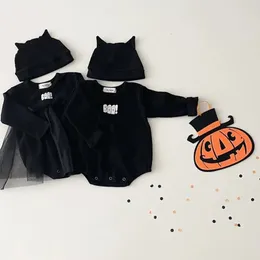 Strampler Herbst Winter Halloween geborener Junge Geisterdruck Einfacher Komfort Lange Ärmel Body Mädchen Baby Mesh Solide Baumwolle Lässiger Onesie 231023