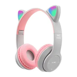 Lindas orejas de gato luminosas, auriculares inalámbricos Bluetooth Fone con micrófono, auriculares con sonido estéreo, tarjeta SD P47M, diadema Bluetooth para niños para regalos de niños