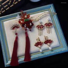 Hårklipp kinesiska hanfu tillbehör röda fläkt hårnålar vintage klänning huvudbonader långa tofsar klipp noiva smycken