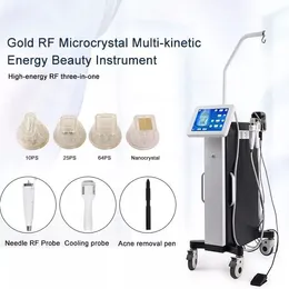 Gold RF Microneedle Estiramiento de la piel Estiramiento facial Eliminación de arrugas Reparación de cicatrices Reducción de poros + Mango para eliminar acné + Martillo frío Salón de belleza de pie 3 en 1