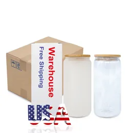 Sublimation 16oz Glass Tumblers CA/US Stocked Can Shaped Beer Mugs Soda Juice Jars With Bamboo Lid 0515