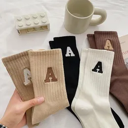 Women Socks Women's Warm Kawaii Letter A Ladies Autumn Winter Korean Style Fashion Solid Color Harajuku Unisex Calcetines Meias