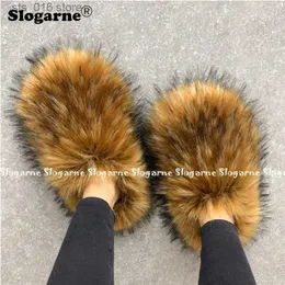 Slides 2024 Raccoon Girls Plush Winter Warm Women Furry Faux Slippers Home Cotton Shoes Indoor Fur Slide T231023 218