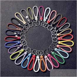 Schlüsselanhänger Lanyards CR Schmuck Neue handgemachte Pu-Leder Schlüsselanhänger geflochtene Schnur Seil Metall Schlüsselanhänger gewebte Kordel Ketten Halter DIY Acces Dhxgm