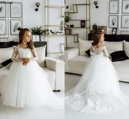 Fairy Tulle Long Kjol Flower Girl Dresses With LongeEvents O-Neck White Lace Little Girl's Pageant Party Bows Bow Sash Kids