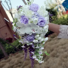 Fiori nuziali Cascata Bouquet da sposa Damigella d'onore legata a mano Decorazione artificiale Casa Vacanza Fornitore di feste Rosa viola