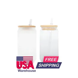 USA/CA lagrade 16oz Clear Frosted Glass Sublimation Blanks 16oz Juice Soda Tail Car Mugs för DIY -tryckning 50st/Carton 0515