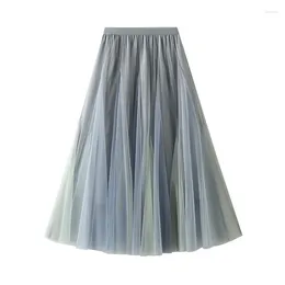 Kjolar koreansk gradient lång tutu kjol kvinnor 2023 vår mode eleqant elestic hög midja a-line tyll maxi kvinnlig jupe longue