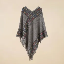 Kadınlar Cape Poncho Bahar Sonbahar Kazak Pelerin Pelerin Etnik Stil Cape Outwear Turizm Tatil Po Leisure Moda Kadın Rhombus Gray 231023