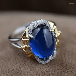 Clusterringen Blauw Korund S925 Sterling Zilveren Ring Groothandel Zegen Voor Goud Ambachtelijke Vrouwelijke Trendy Stijlen Ellips