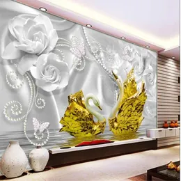 Wallpapers luxo 3d cisne flor de seda padrão de água jóias tv fundo parede moderna papel de parede para sala de estar