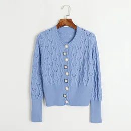 1016 2023 Осенний женский свитер с длинным рукавом сине-белый кардиган с круглым вырезом модная полосатая одежда DL