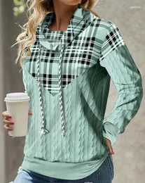 여자 후드 여성 여성 패션 후드 셔츠 2023 가을 격자 무늬 케이블 질감 캐주얼 드로 스트링 긴 슬리브 프린트 스웨트 셔츠