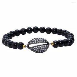 Charm armband piranha män kvinnor smycken naturlig svart matt onyx sten pärlor cz armband pulseira maskulina