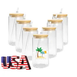 24H ship 16oz Sublimation Glass Mugs With Bamboo Lid Sublimated Glass Water Bottles Iced-Cups Cocktail Jars Juice Cups US/CA Stocked