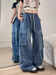 Damenjeans Damen Y2K-Stil Elastische Taille Für Frauen Hosen Frühling Gerade Breites Bein Volle Länge Cargo Männer Kleidung Casual Denim