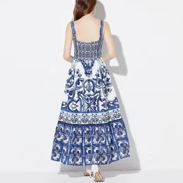 Sukienka zawiesia sukienka o długości 2023 Spring/lato moda niebieska i biała porcelanowa drukarnia sukienka dla kobiet s-2xl