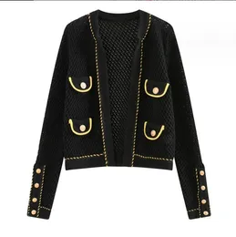 1019 2023 Осенний женский свитер с длинным рукавом с круглым вырезом Белый Черный Кардиган Модная одежда в полоску 20237631