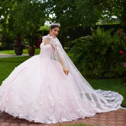 Rosa principessa verde menta abito da ballo abiti stile quinceanera spalle fiori applicazioni con mantello corsetto di lusso abiti da 15 anos