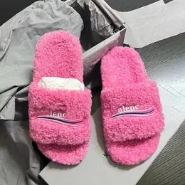 Hochwertige pelzige Slide-Designer-Sandale für Damen, Scuffs-Mann, luxuriöser, bequemer, flacher Slipper aus Lammfell, politische Kampagne mit Schuh mit Box-Stickereien