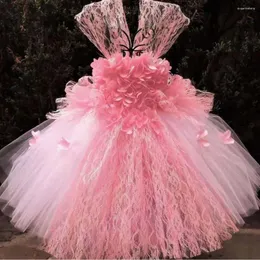 Girl Dresses Girls Pink Petals Fairy Tutu Dress Kids Tulle Ball Gown With Lace Strap Bow Children Wedding Party Costume Flower