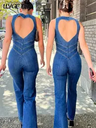 Women's Jumpsuits Rompers Women Denim Jumpsuit Backless Heart Cutout Bodycon Sleeveless Y2k Slim One-Piece Outfits Retro Female Jumpsuits New 2023 Fashion T231023