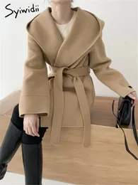 Mulheres misturas de lã syiwidii jaqueta para mulheres rendas até com capuz feminino vintage casual moda coreana meados longo quente outerwear 231023