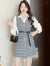 Vestidos de trabalho smthma moda pequeno estilo perfumado houndstooth colete vestido de duas peças conjunto com cinto feminino solto conjuntos de camisa de manga comprida