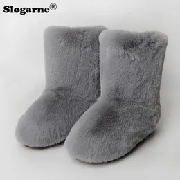 Boots Women Snow Boots Outdoor Fashion Faux Rabbit Fur Boots Female Fluffy Luxury Furry Bottes Warm Mid-Calf Plush Winter Shoes 231023