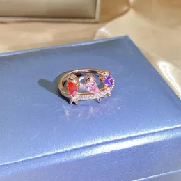 Cluster Rings Creative Hollow Colorful Flower Bird Amethyst Champagne Full Diamond Couple Ring for Women Zircon Wedding Bride Gift Jewelry