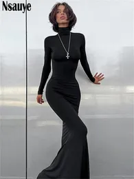 Городские сексуальные платья Nsauye Maxi Bodycon Dres с длинными рукавами Элегантная модная вечеринка Вечерняя клубная накидка Черная зимняя водолазка 231023