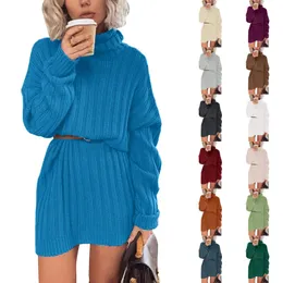 Kvinnors tröjor Kvinnor High Neck Mid Length Sweater Knit Dress Wrap V Neck Cute Fall Dress 231023